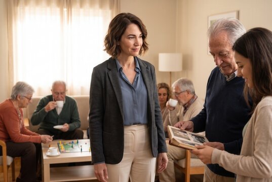 Woman standing in a senior care facility while elderly people interact in the background