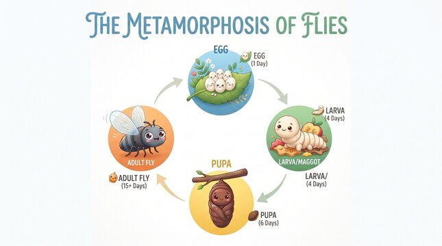 Educational Vector Illustration of a Fly Life Cycle Diagram Showing Metamorphosis Stages from Egg to Adult