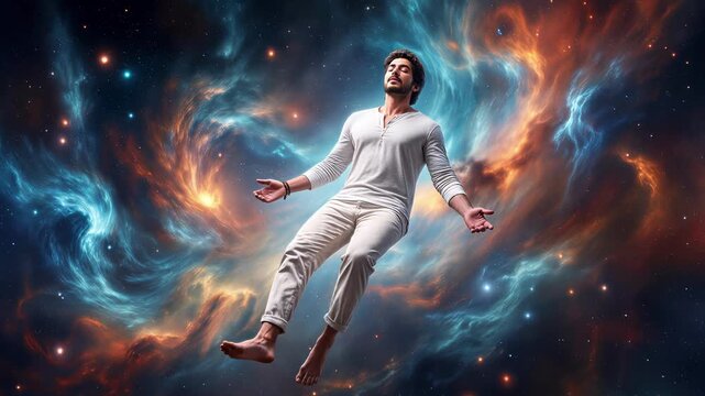 Serene man floating in colorful cosmic nebula. Concept of spiritual enlightenment and inner peace in deep space. Panning camera shot.