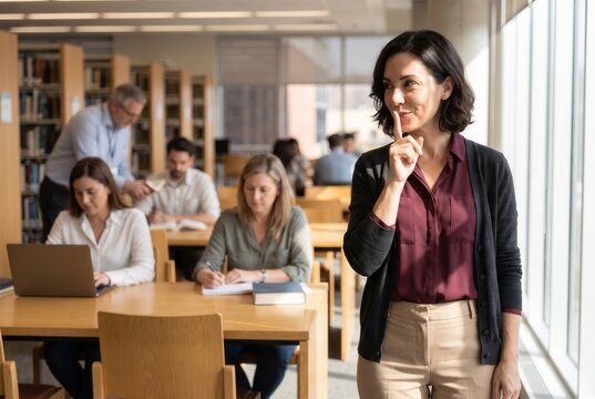 Woman making a shush gesture to maintain silence in a university library with studying students