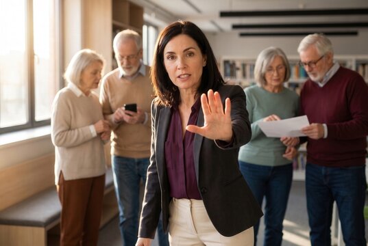 Businesswoman creating boundary with a stop gesture while group of seniors stands behind her