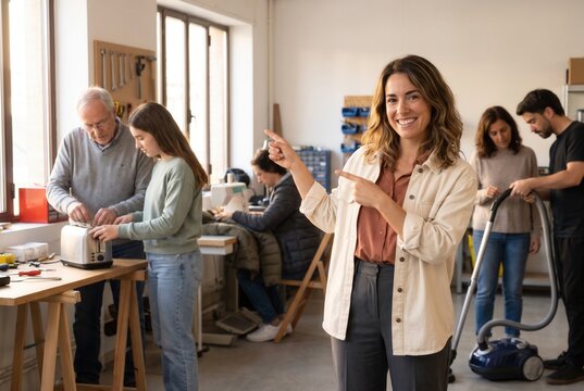 Woman smiling and pointing, showing people fixing household appliances in a community workshop