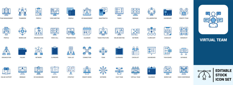 Virtual team line art icons set video meeting, online meeting, webinar, collaboration, remote work, team management, teamwork, video call, Web icon, App icon, Outline icon, Editable stroke, line art 