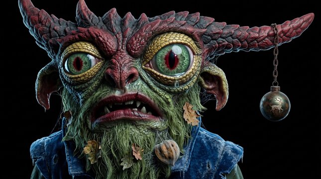 Detailed Close Up Portrait Of Fantasy Goblin Creature With Horns On Black Background