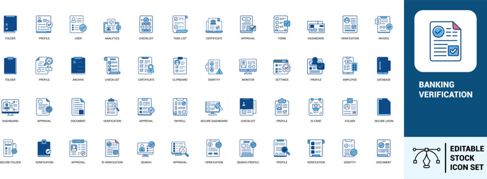 Banking verification line art icons set verification, approval, profile, document, certificate, checklist, identity, secure login, dashboard, Web icon, App icon, Outline icon, Editable stroke, line ar