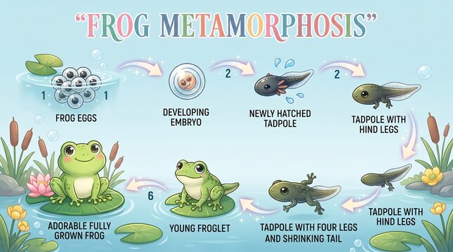 Educational Vector Illustration of the Frog Life Cycle and Metamorphosis Stages