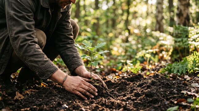 Man kneeling in forest planting young oak sapling tree into rich soil, environmental conservation action, reforestation project, ecology protection, sustainability, climate change
