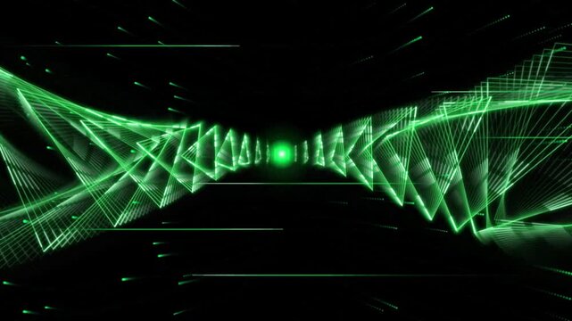 Abstract green laser tunnel loops with futuristic digital wireframe patterns moving through dark cyberspace background creating dynamic high tech stage motion.