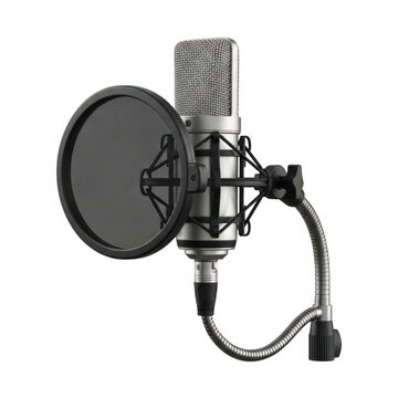 Black microphone on stand with pop filter