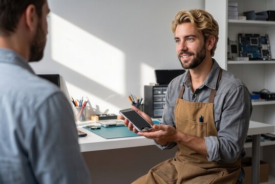 Service technician talking with a client about a damaged mobile device