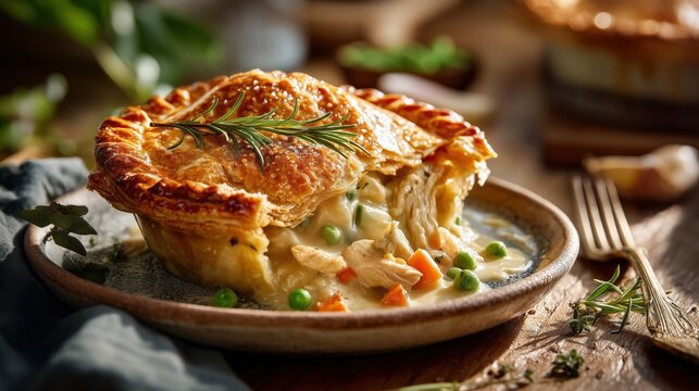  classic American chicken pot pie with an incredibly flaky golden pastry crust, creamy filling overflowing with tender chicken, peas, carrots and herbs