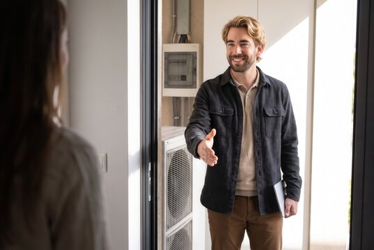 Service worker extending hand for greeting to a customer at a home entrance