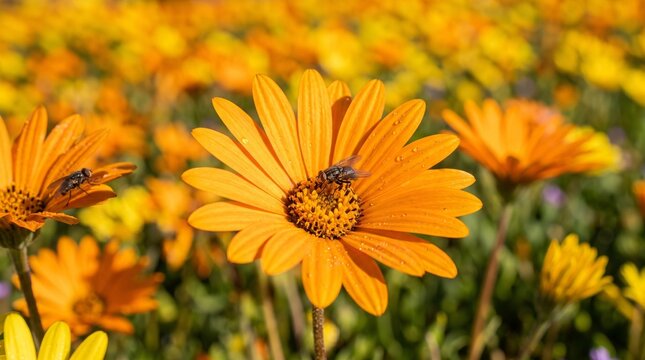 A vibrant macro photograph of bright orange African daisies in full bloom, with a small bee foraging for nectar on the central disc of a prominent flower in a sunlit meadow.