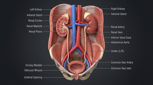 3D anatomical diagram of human kidneys and urinary system with blood vessels