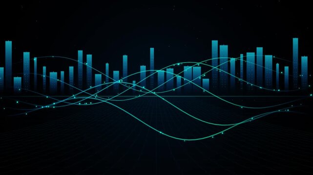 Digital equalizer bars move dynamically with flowing sound waves on dark futuristic background data visualization.