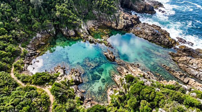 Aerial view of the stunning crystal-clear blue tidal rock pools at Honeymoon Bay in Jervis Bay, Australia, surrounded by lush green coastal forests and rugged rocky shorelines.
