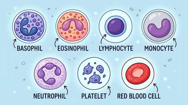 Microscopic view of human blood cells including basophil eosinophil lymphocyte