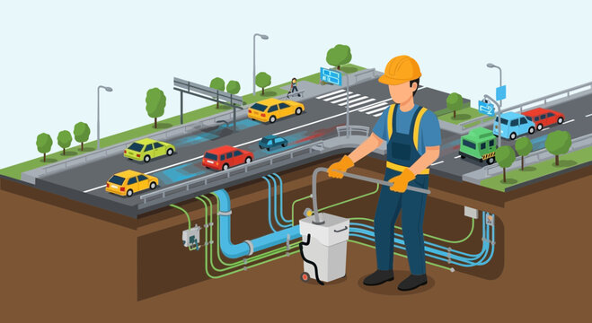 Worker Inspecting Underground Utilities Beneath City Street with Traffic