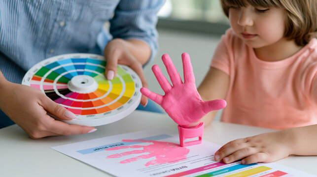 Child creating colorful handprint art with paint while adult holds color wheel, creative learning and early childhood education concept