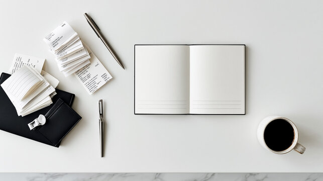 Minimalist workspace with open notebook, coffee cup, pen and office supplies arranged on white desk, planning and productivity concept