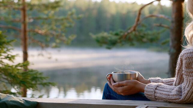 Woman holding warm cup by peaceful lake in forest, cozy autumn morning and relaxation in nature concept