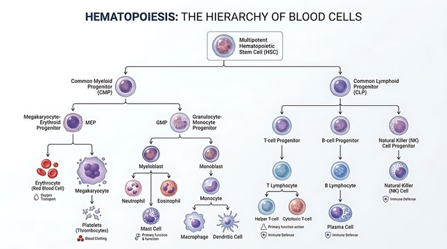 Microscopic view of hematopoiesis process showing blood cell development