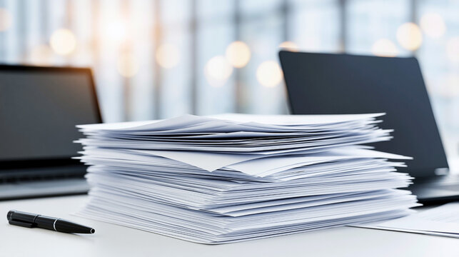 Stack of paper documents on office desk with laptop and pen, paperwork and business administration concept