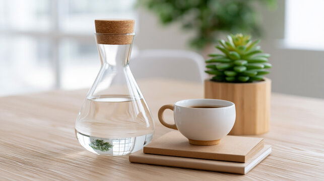 Glass water bottle, coffee cup, books and green plant arranged on wooden table in bright minimalist interior, healthy lifestyle and morning routine concept