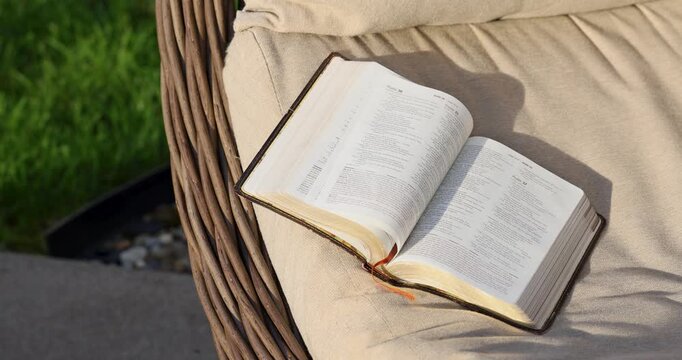 Open Bible on Cushioned Seat, An open Bible rests on a comfortable cushioned seat outdoors, with lush green grass in the background