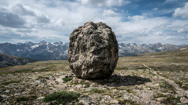 A massive round boulder sits dramatically on an alpine tundra landscape with distant snow-capped mountain peaks under a cloudy sky