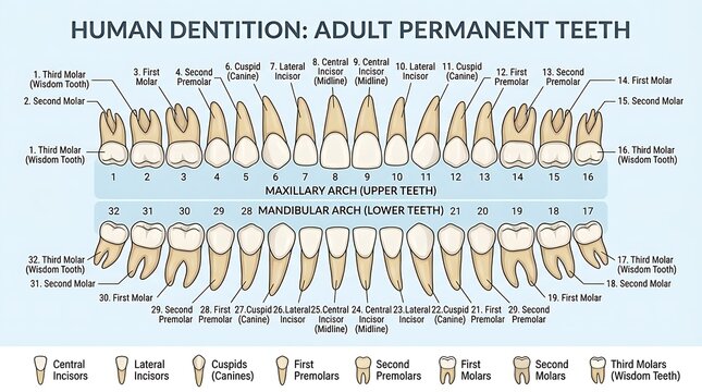 Dental chart of human adult permanent teeth with numbering and gum line