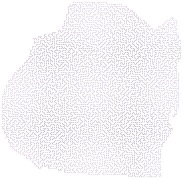 Abstract maze pattern illustration in map shape of libya with purple path lines.