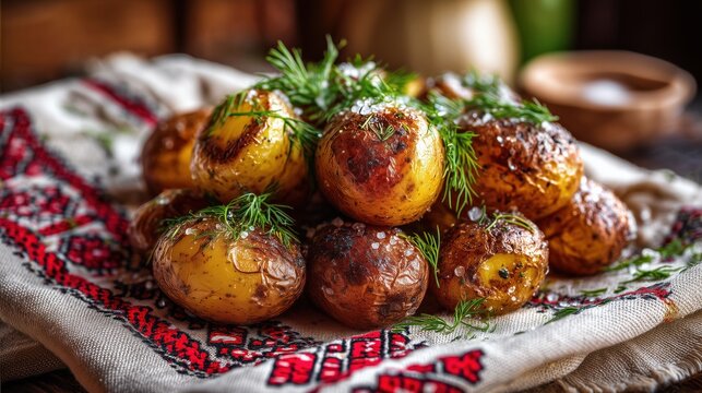  Macro photograph of roasted baby potatoes with deep golden crispy skin