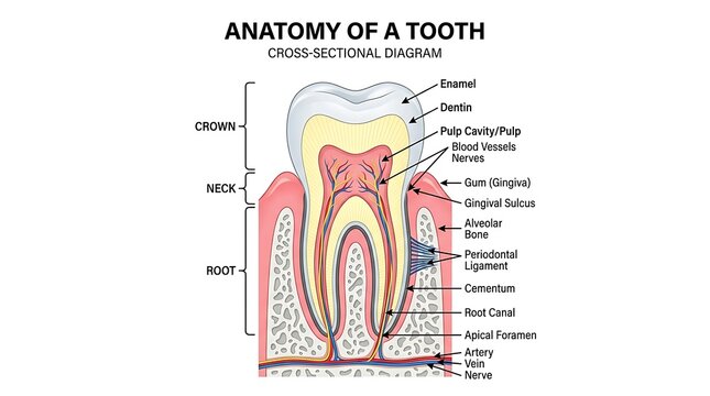 Cross-sectional labeled diagram of human tooth anatomy showing enamel dentin