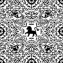 Obraz premium Detailed monochrome pattern featuring a central lion motif surrounded by intricate designs and shapes