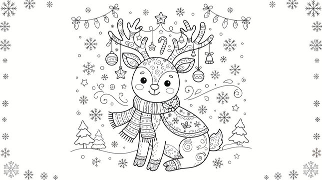 Christmas reindeer coloring page cute reindeer wearing a festive scarf with antlers decorated by small ornaments, surrounded by snowflakes, clean coloring-book vector.

