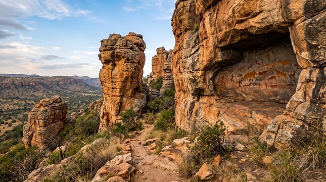 Stunning landscape view of golden sandstone rock formations and weathered cliffs in Cederberg Wilderness Area, South Africa, featuring a scenic hiking trail under a dramatic late afternoon sky.