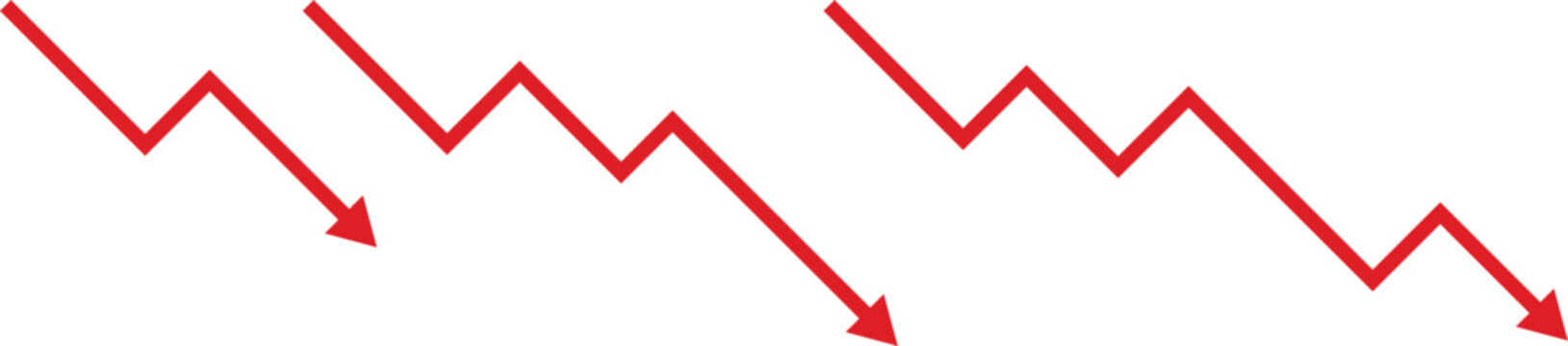 Declining chart downward arrow vector icon set. Financial loss bankruptcy and economic recession trend graph symbol. Stock market crash and decreasing profit performance sign