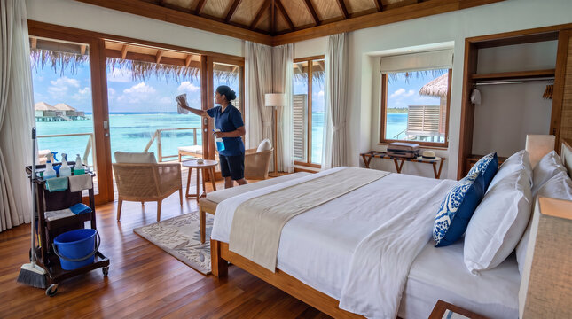 Maldives resort room cleaning: housekeeping staff using a vacuum cleaner in a luxury overwater villa with ocean views.