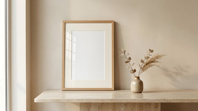 Empty wooden frame on shelf with dried floral bouquet in minimalist neutral interior decor setting