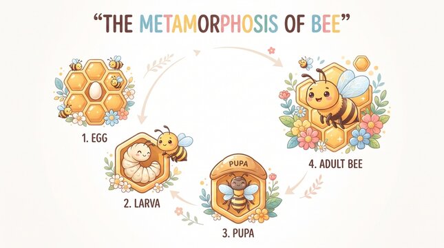 Educational Illustration showing the Honey Bee Life Cycle Metamorphosis from Egg and Larva to Pupa and Adult Bee