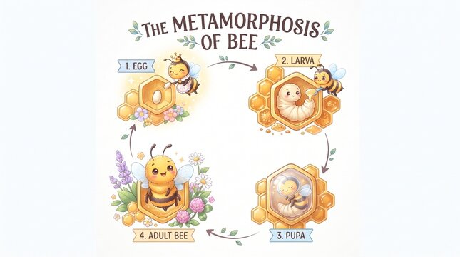 Cute educational illustration of the honey bee life cycle showing four developmental stages from egg to larva pupa and adult insect