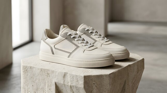 Minimalist white leather men's sneakers on concrete pedestal in natural light studio setting
