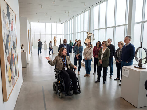 Female museum docent in a wheelchair leading a guided tour of a modern art gallery for visitors