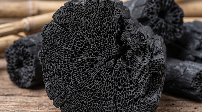 Bamboo charcoal texture close-up. Natural black carbon fuel for purification and skincare.