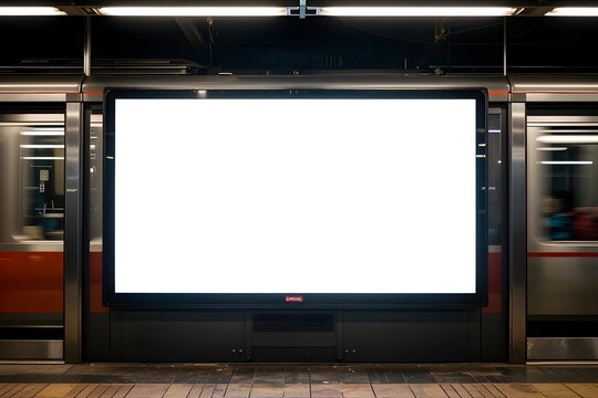 Blank Billboard on Subway Platform with Moving Train