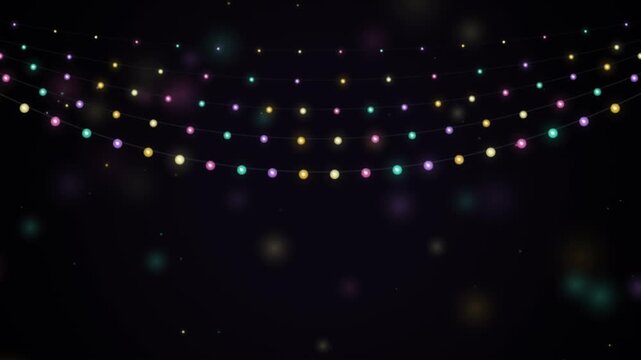 Festive hanging string lights glow softly against dark background providing warm elegant decorative illumination for holiday celebration events and creative backdrops.