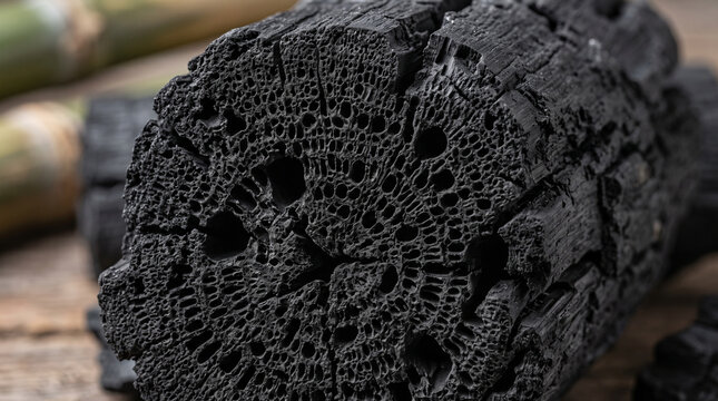 Bamboo charcoal texture closeup. Natural black carbon material for purification and beauty.