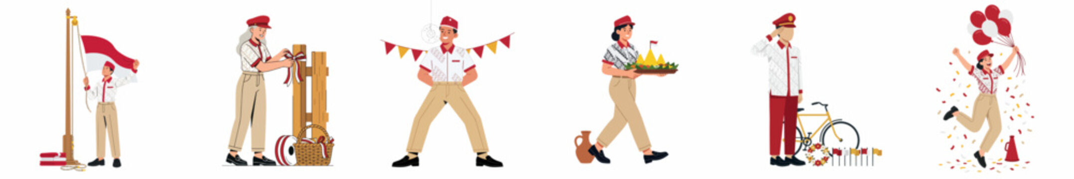 Set of flat illustrations depicting people celebrating Indonesian Independence Day with flags, traditional food, games, and uniforms on a white background.