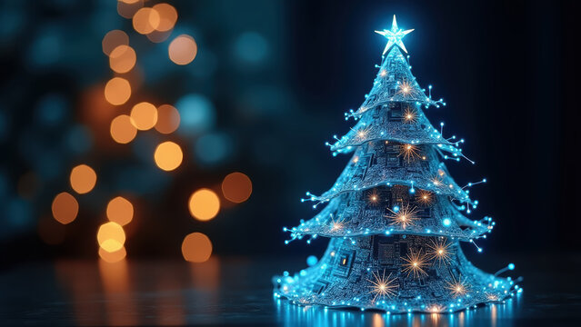 Glowing christmas tree made from motherboard in futuristic design. Blurred bokeh lights in the background. IT technology holiday greetings concept